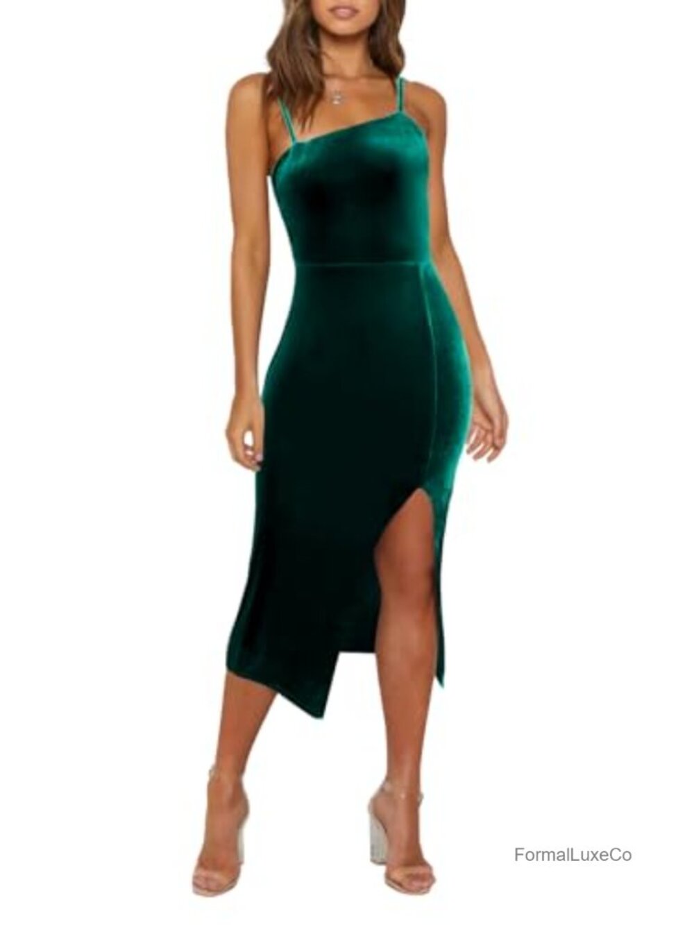 Women's Velvet Bodycon Midi Dress Cocktail Party Slit Spaghetti Strap Fitted